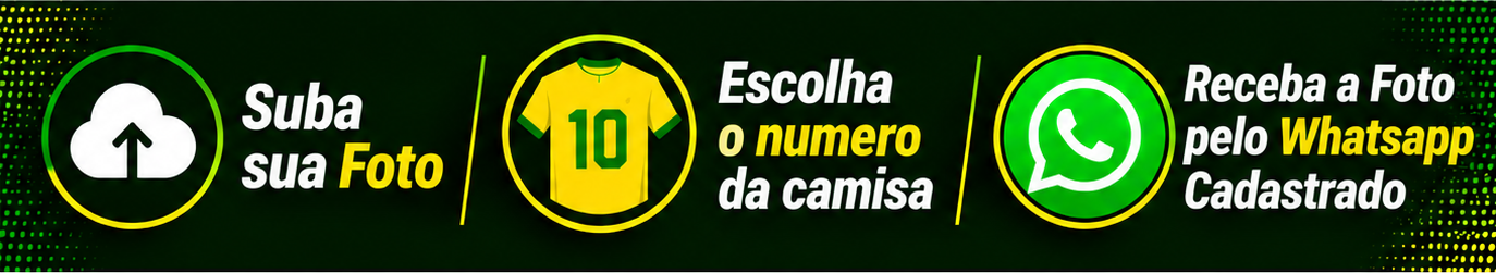 Suba sua foto · Escolha o número da camisa · Receba pelo WhatsApp